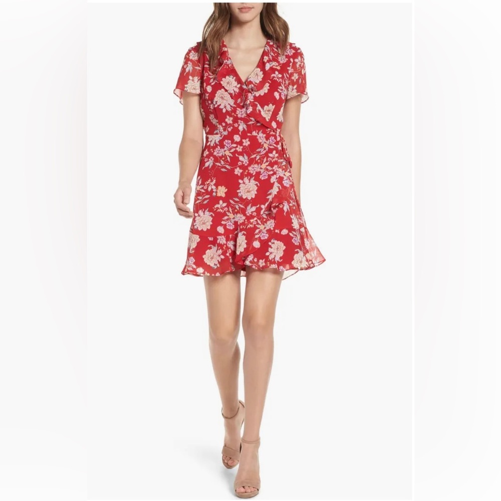 Lush Colie Red Floral Ruffle V-Neck Wrap Short Sleeve Mini Dress Size M Lined